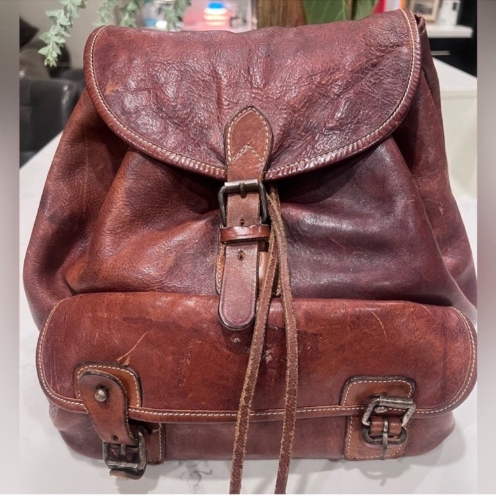 Vintage Banana Republic Rory Large Brown Distressed Leather Backpack Knapsack - Picture 7 of 10